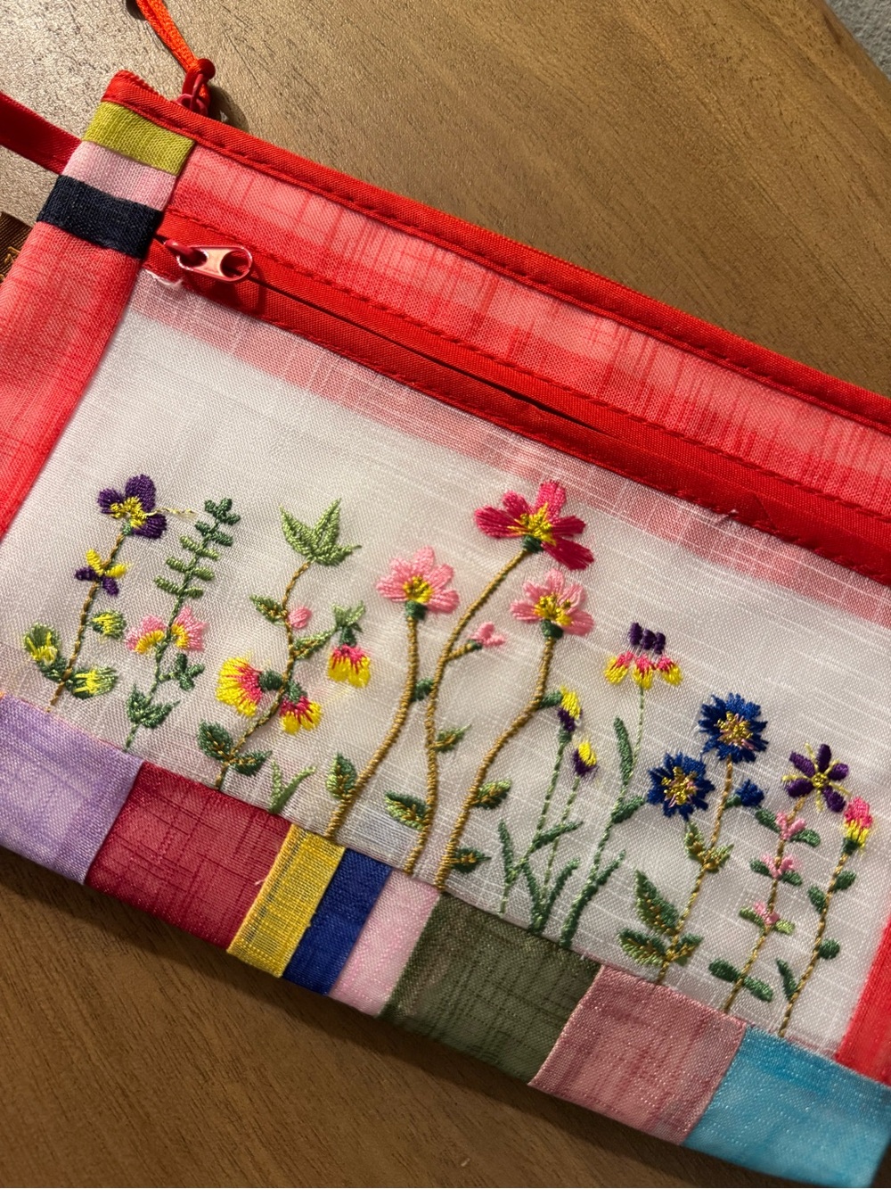 Korean Hand-Embroidered Floral Patchwork Zipper Pouch